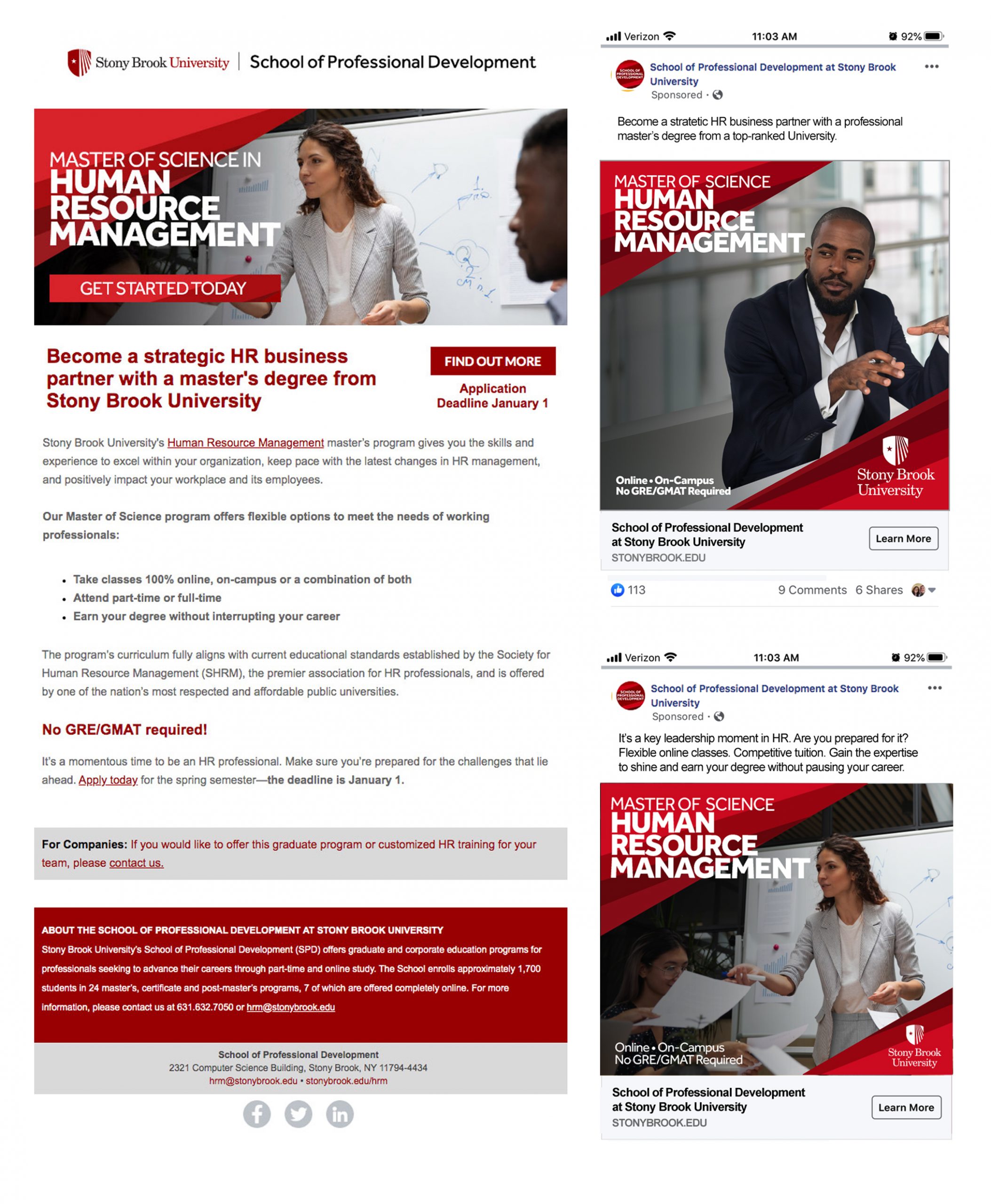 Stony Brook University School of Professional Development Human Resource Management eblast and social media ads